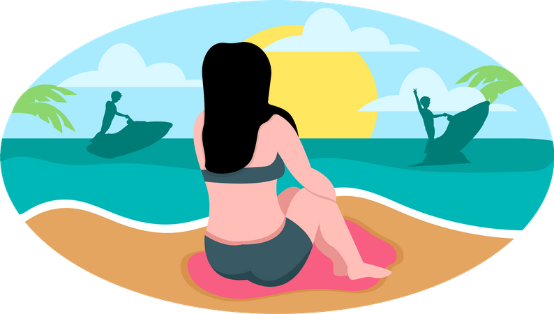 Chica relajándose en la playa  Ilustración