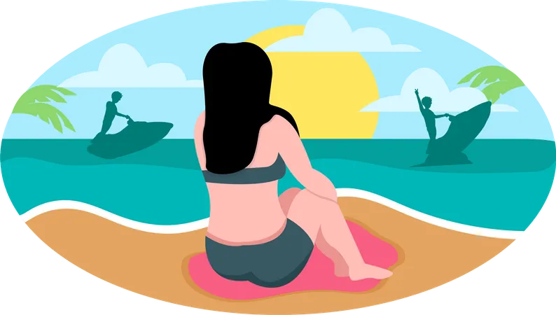 Chica relajándose en la playa  Ilustración