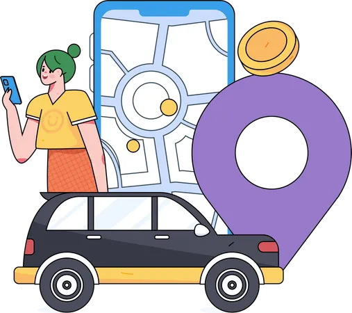 Chica reservando taxi en línea  Ilustración