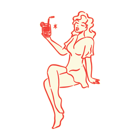 Chica retro sosteniendo una bebida tropical  Illustration