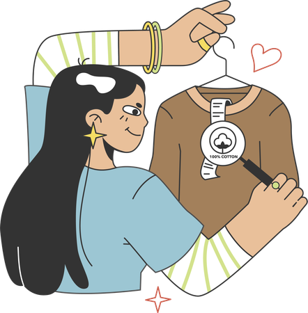 Chica revisando la tela de la ropa mientras compra  Ilustración