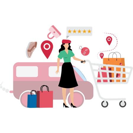 Chica revisando reseñas y calificaciones de clientes  Ilustración