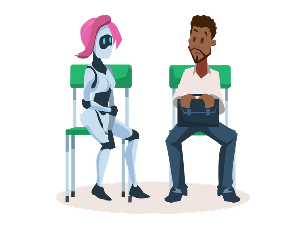 Chica robot en silla hablando con un empleado  Ilustración