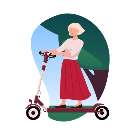 Chica rubia feliz en scooter eléctrico  Ilustración