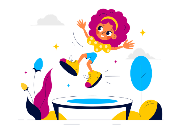 Niña saltando en trampolín  Ilustración