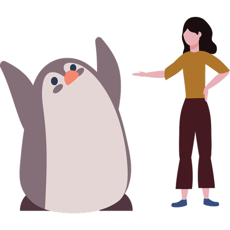 La chica se divierte con el pingüino.  Ilustración