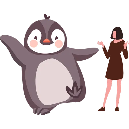 La chica se divierte con el pingüino.  Ilustración