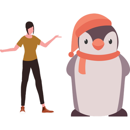 La chica se divierte con el pingüino.  Ilustración