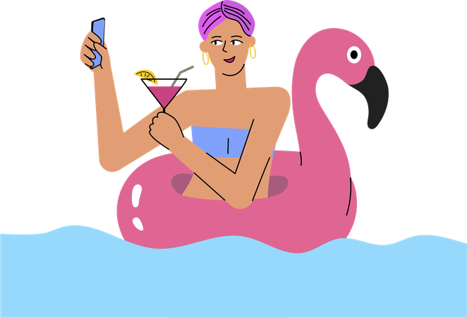 Chica hace selfie con cóctel en la piscina  Ilustración