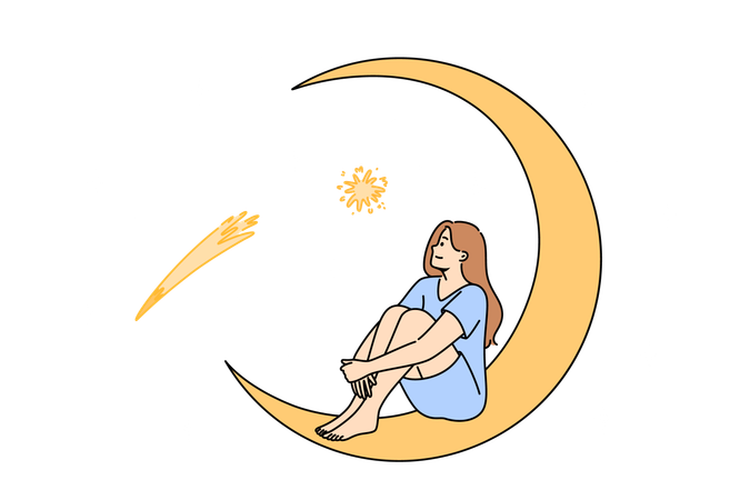 La chica se relaja en la luna creciente  Ilustración