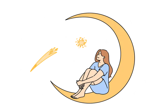 La chica se relaja en la luna creciente  Ilustración