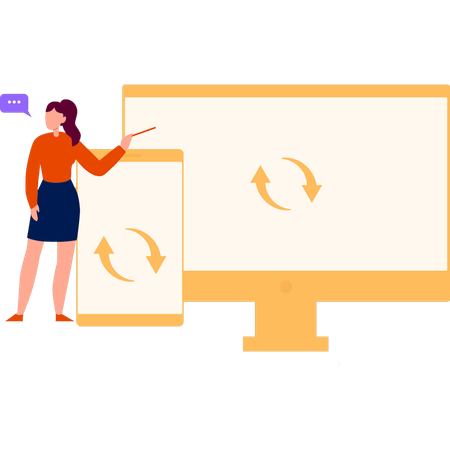 Chica apuntando a la transferencia de datos desde el móvil al monitor  Ilustración