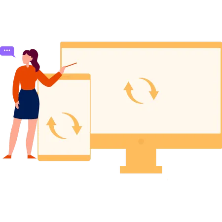 Chica apuntando a la transferencia de datos desde el móvil al monitor  Ilustración