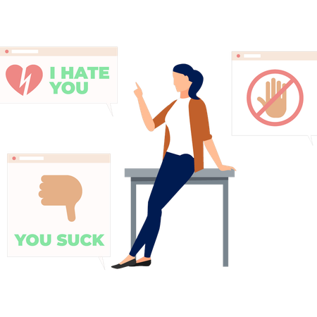 Chica sentada en la mesa y leyendo la etiqueta "Te odio"  Ilustración