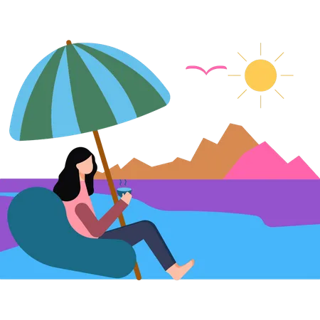 Chica sentada en la playa con una taza de té caliente  Ilustración