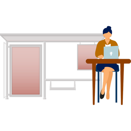 Chica sentada en una silla trabajando con una computadora portátil  Ilustración