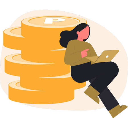 Chica sentada sobre una moneda de un centavo usando una computadora portátil  Ilustración