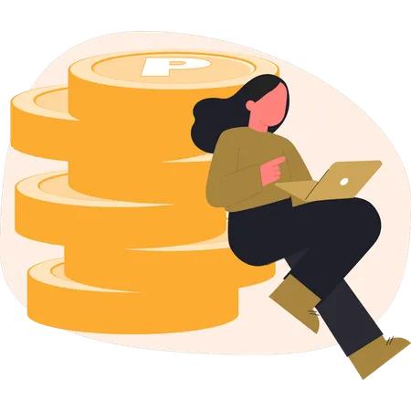 Chica sentada sobre una moneda de un centavo usando una computadora portátil  Ilustración