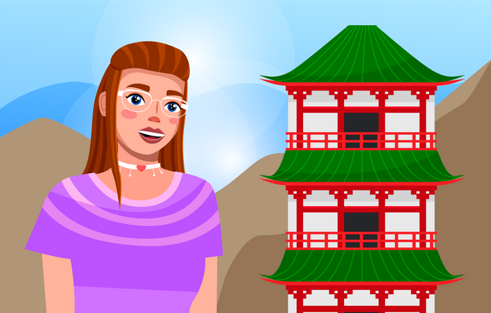 Chica sonriente de pelo castaño con gafas parada en un edificio tradicional japonés  Ilustración