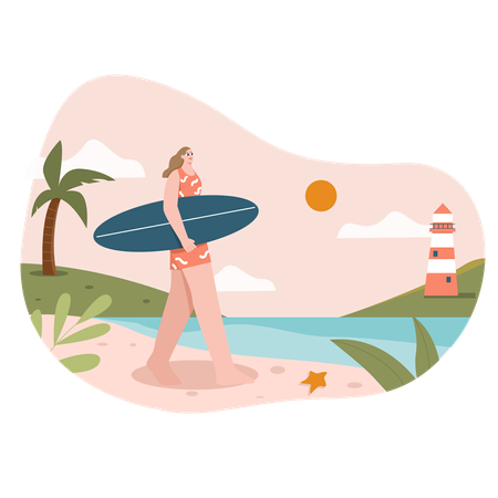 Chica sujetando tabla de surf en la playa  Ilustración