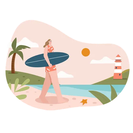 Chica sujetando tabla de surf en la playa  Ilustración