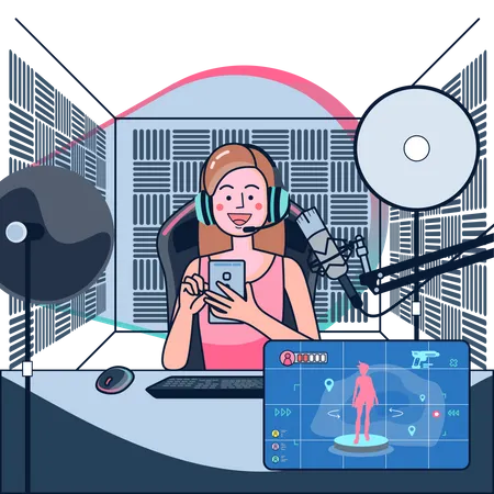 Chica transmitiendo juegos en vivo  Ilustración