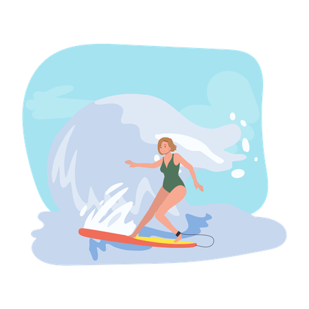 Chica surfeando con tabla de surf en Big Wave  Ilustración