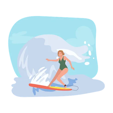 Chica surfeando con tabla de surf en Big Wave  Ilustración