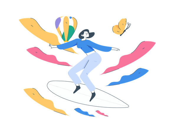 Chica surfeando en el océano  Ilustración