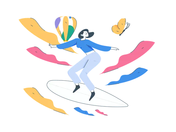 Chica surfeando en el océano  Ilustración