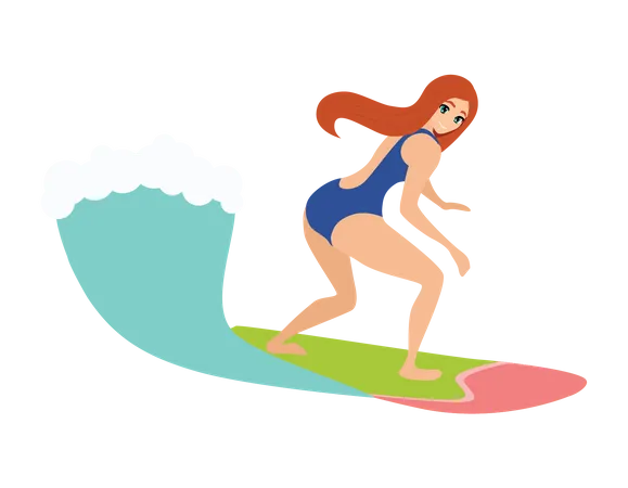 Chica surfeando en la playa  Ilustración