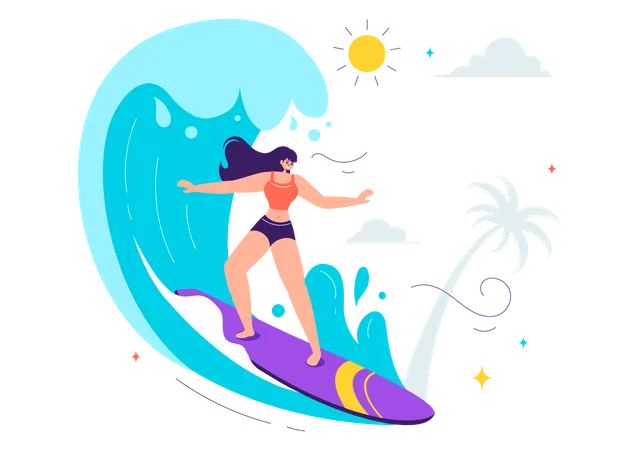 Chica surfeando en la playa  Ilustración