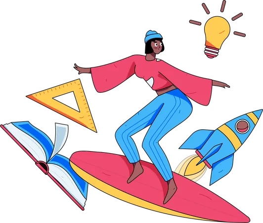 Chica surfeando mientras tiene una idea educativa  Ilustración