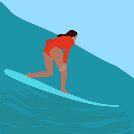 Chica surfista montando una tabla de surf  Ilustración