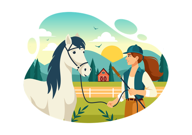 La chica tiene la afición de montar a caballo.  Ilustración