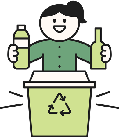 Chica tirando botellas de plástico en el contenedor de basura  Ilustración