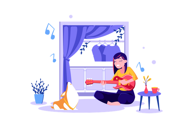 Chica tocando la guitarra en casa y divirtiéndose  Ilustración