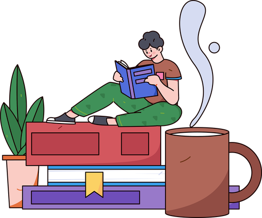 Chica tomando café con lectura  Ilustración