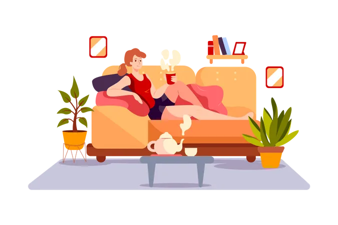 Chica tomando café y relajándose en el sofá  Ilustración