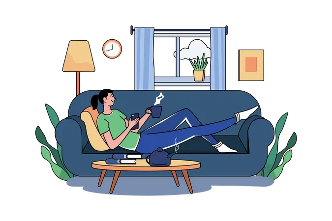Chica tomando café y relajándose en el sofá  Ilustración