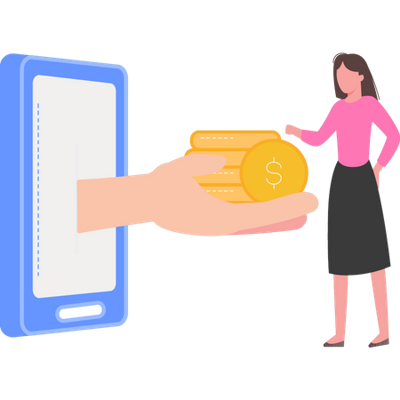 Chica tomando dinero en línea  Ilustración
