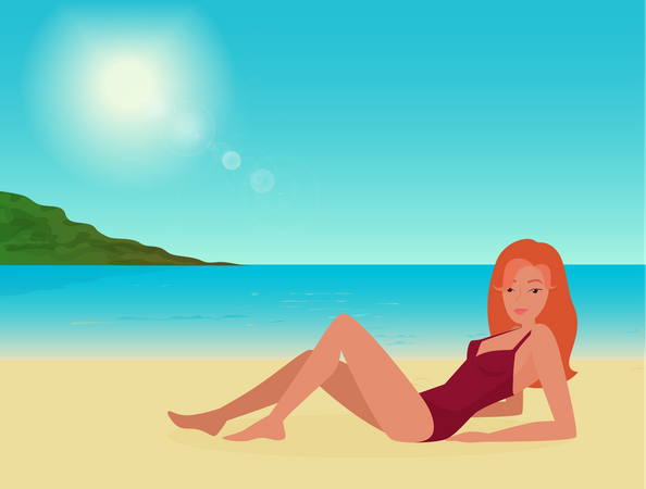 Chica haciendo tomar el sol en la playa  Ilustración