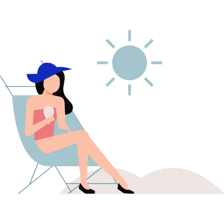 Niña tomando el sol en la playa  Ilustración