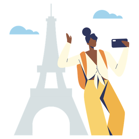 Chica tomando selfie en la torre eiffel  Ilustración