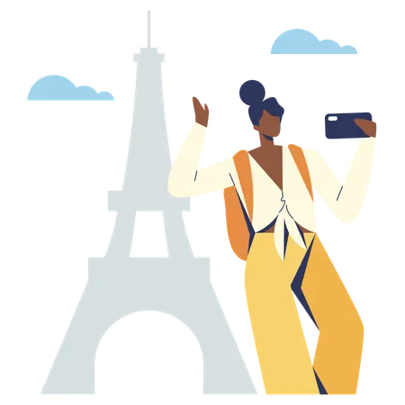 Chica tomando selfie en la torre eiffel  Ilustración