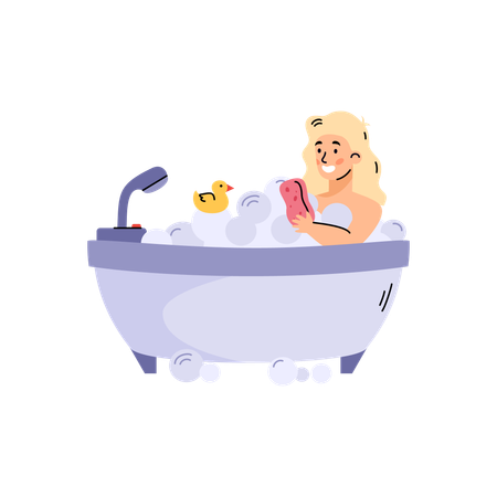 Chica tomando un baño en una bañera llena de espuma  Ilustración