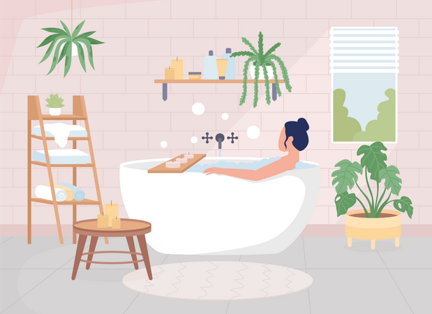 Chica tomando un relajante baño en la bañera.  Ilustración