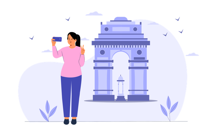 Chica tomándose un selfie con la puerta de la India  Ilustración