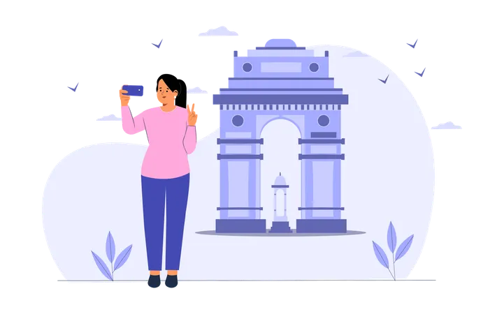 Chica tomándose un selfie con la puerta de la India  Ilustración