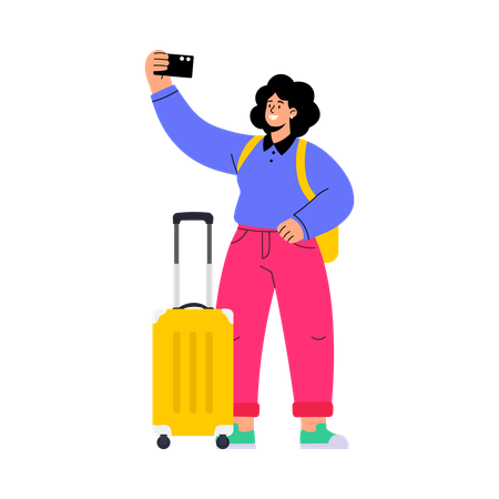 Chica tomándose un selfie con equipaje  Ilustración